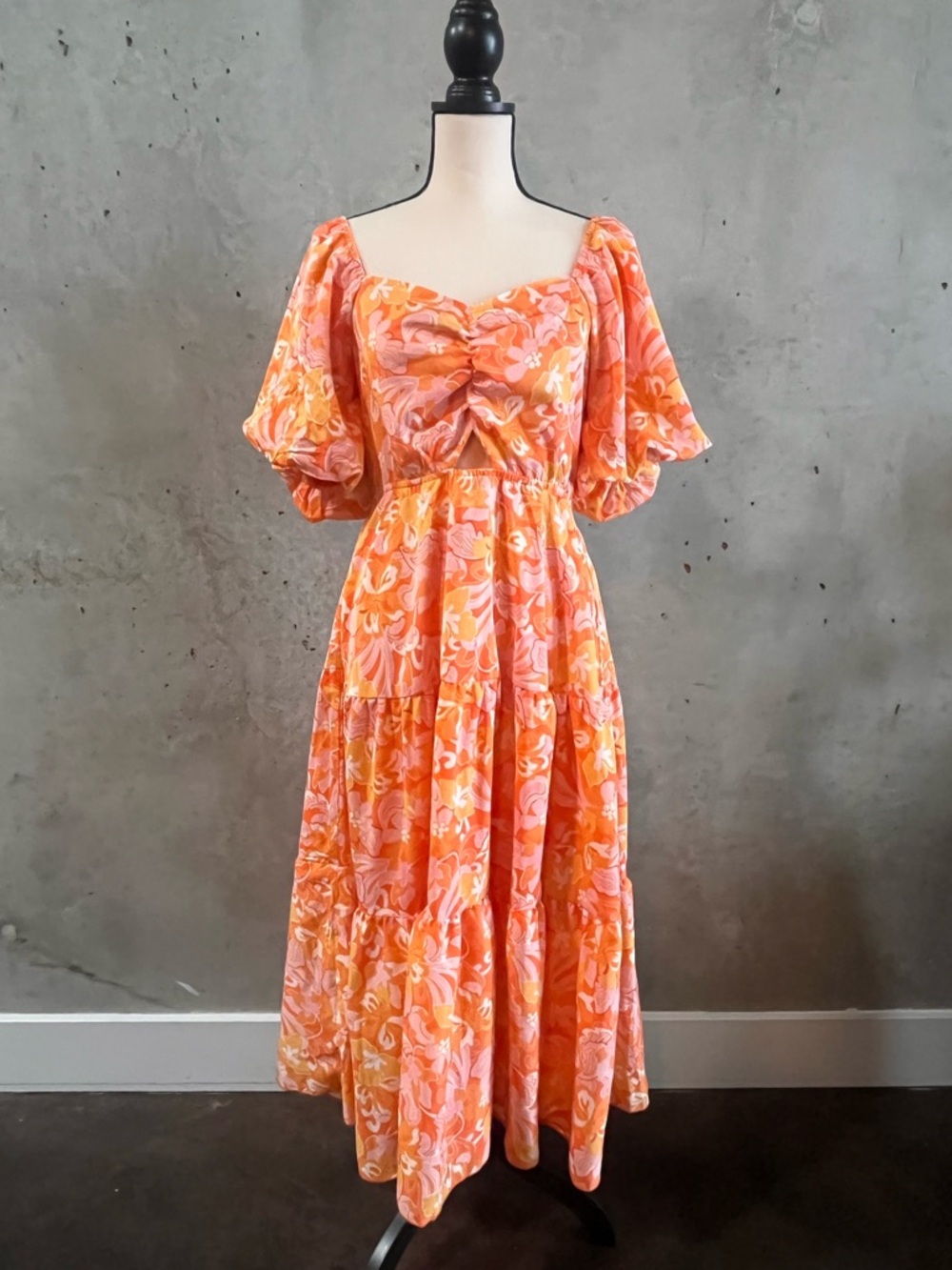 Floral Puff Sleeve Maxi Dress in Orange